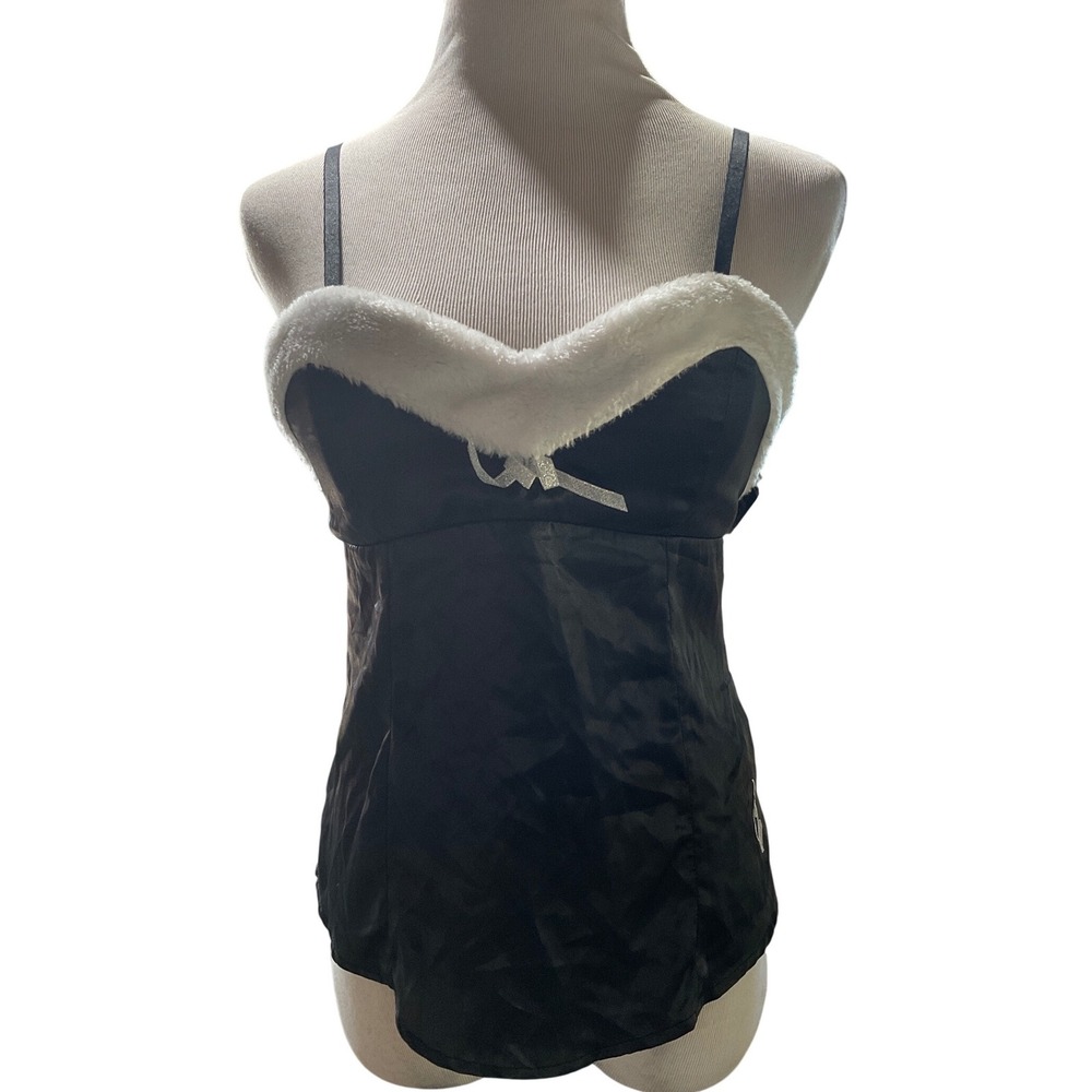 Baby Phat Black Satin Faux Fur Trim Lingerie Set Camisole Thong Medium